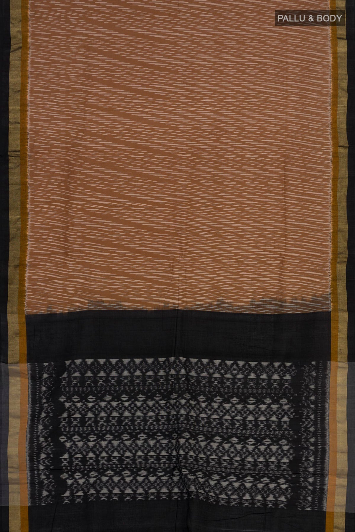 Flat view of Brown Pochampally Cotton Saree with Ikat design on the body and Zari Border. 