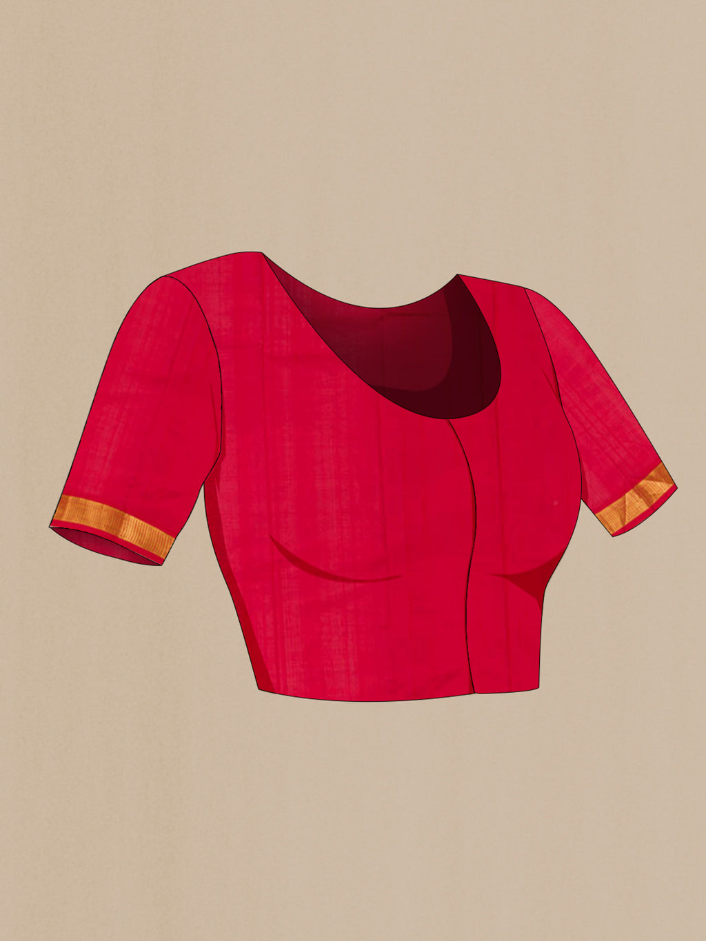 Close up image of the blouse of Pure Silk Red Kanjivaram Saree with Plain Body and Zari Border. 
