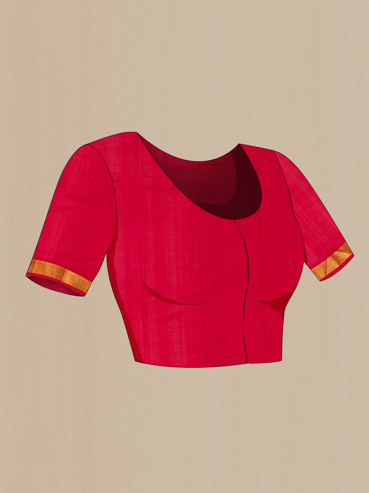 Close up image of the blouse of Pure Silk Red Kanjivaram Saree with Plain Body and Zari Border. 