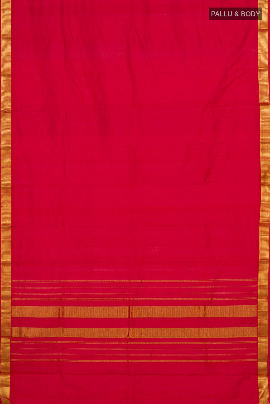 Flat view of Pure Silk Red Kanjivaram Saree with Plain Body and Zari Border. 