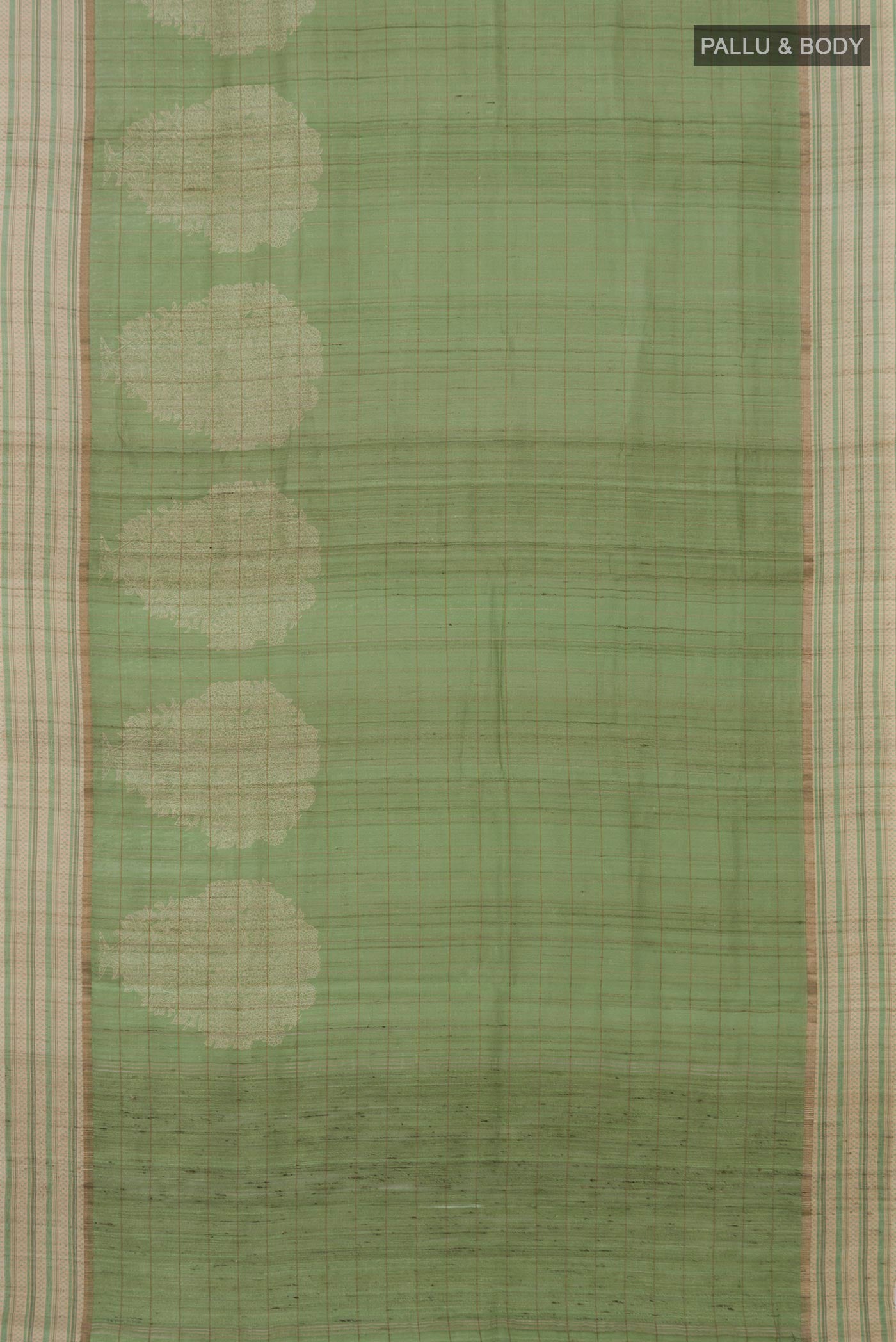 Flat view of Green Tussar Silk Saree with Fancy on the body and Thin Zari Line. 