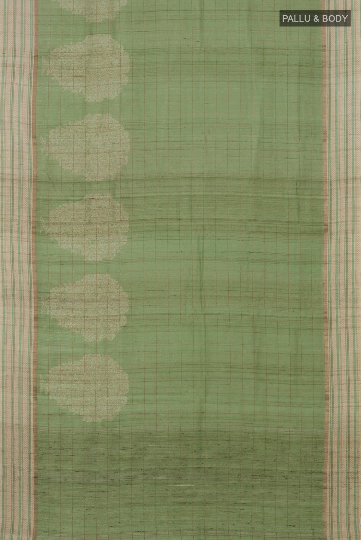 Flat view of Green Tussar Silk Saree with Fancy on the body and Thin Zari Line. 