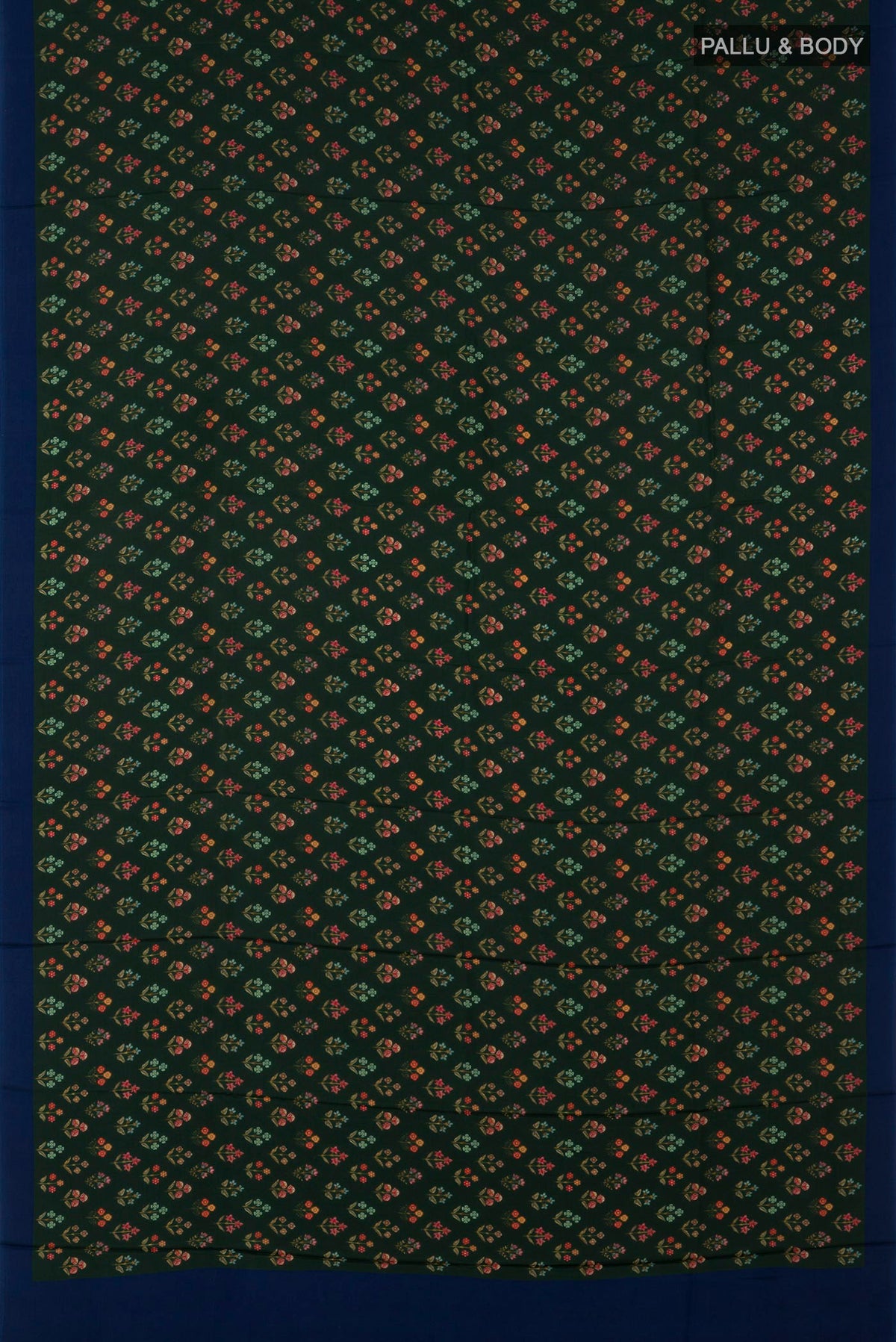 Flat view of Green Printed Silk Saree with Printed design on the body and Plain Border. 