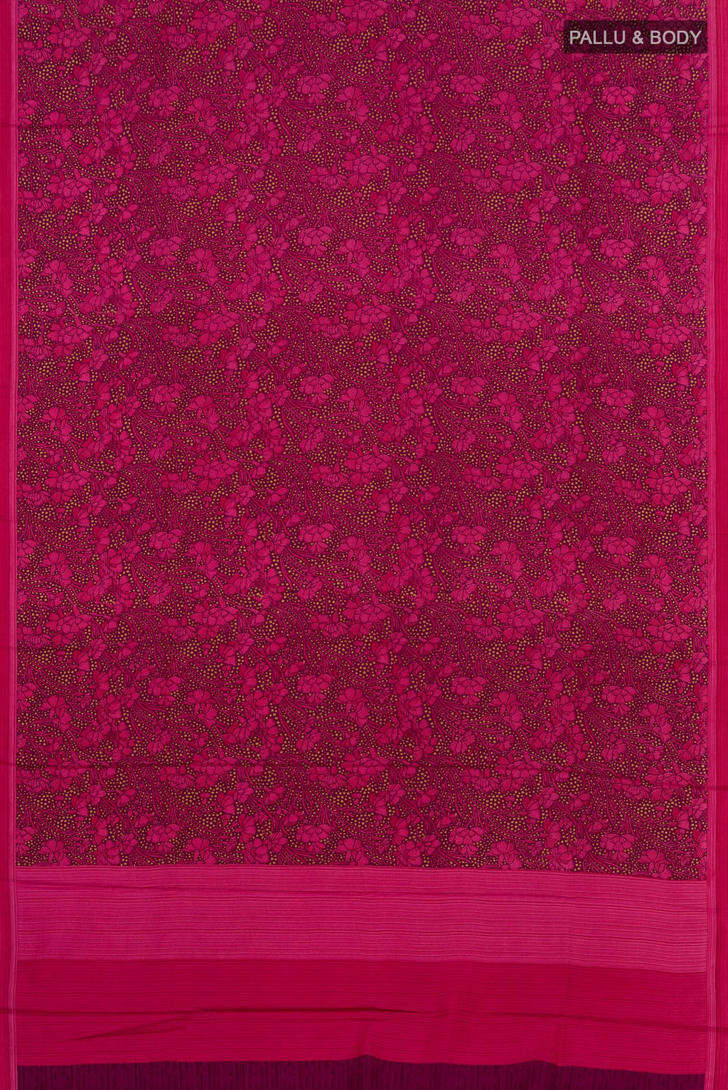 Flat view of Brown Printed Silk Saree with Printed design on the body and Plain Border. 