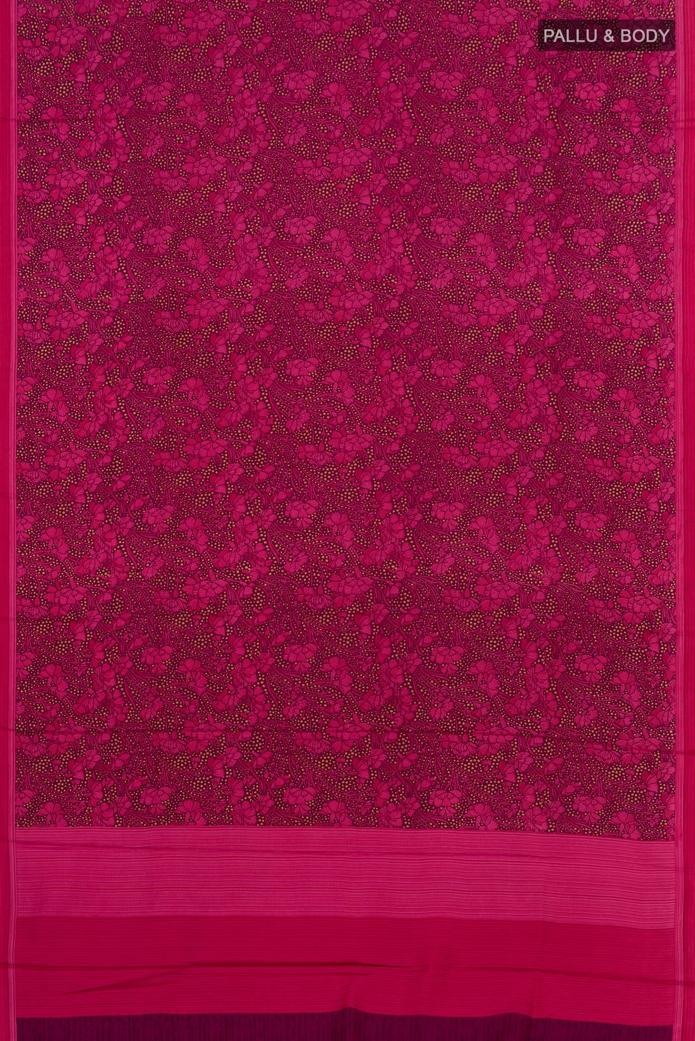 Flat view of Brown Printed Silk Saree with Printed design on the body and Plain Border. 