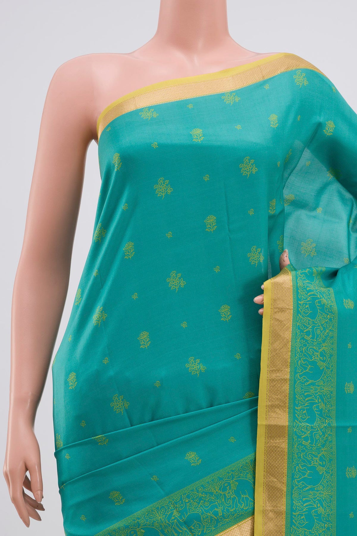 Border image of Blue Printed Silk Saree with Printed design on the body and Zari Border. 