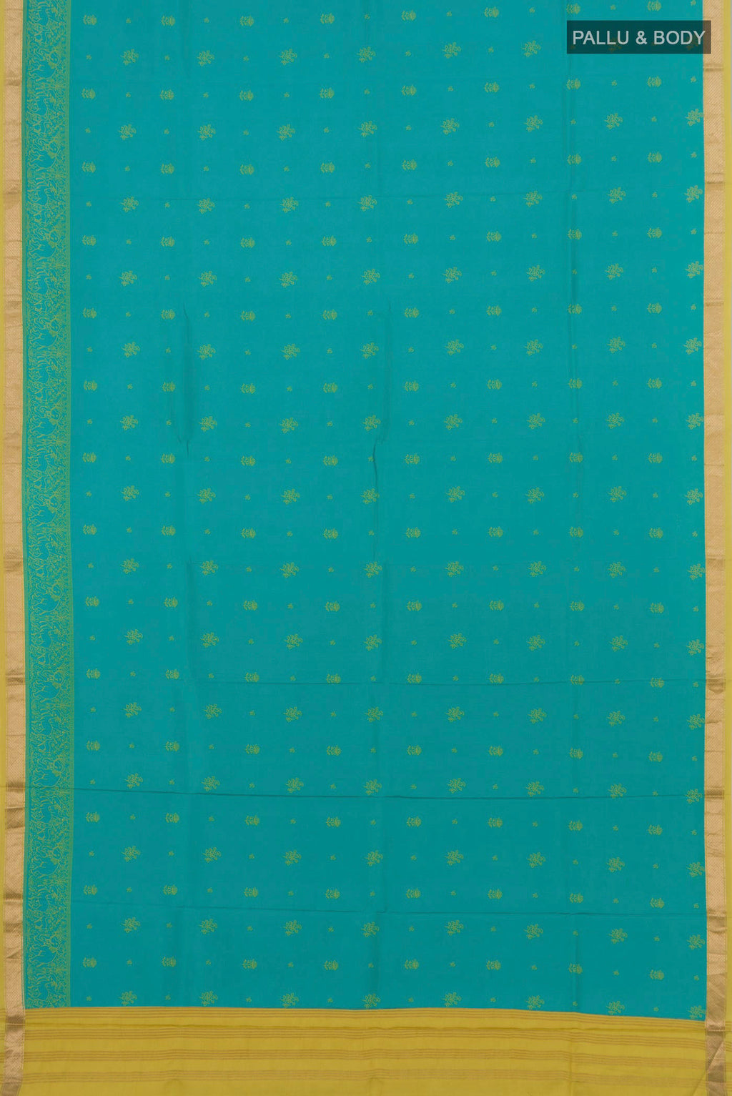 Flat view of Blue Printed Silk Saree with Printed design on the body and Zari Border. 
