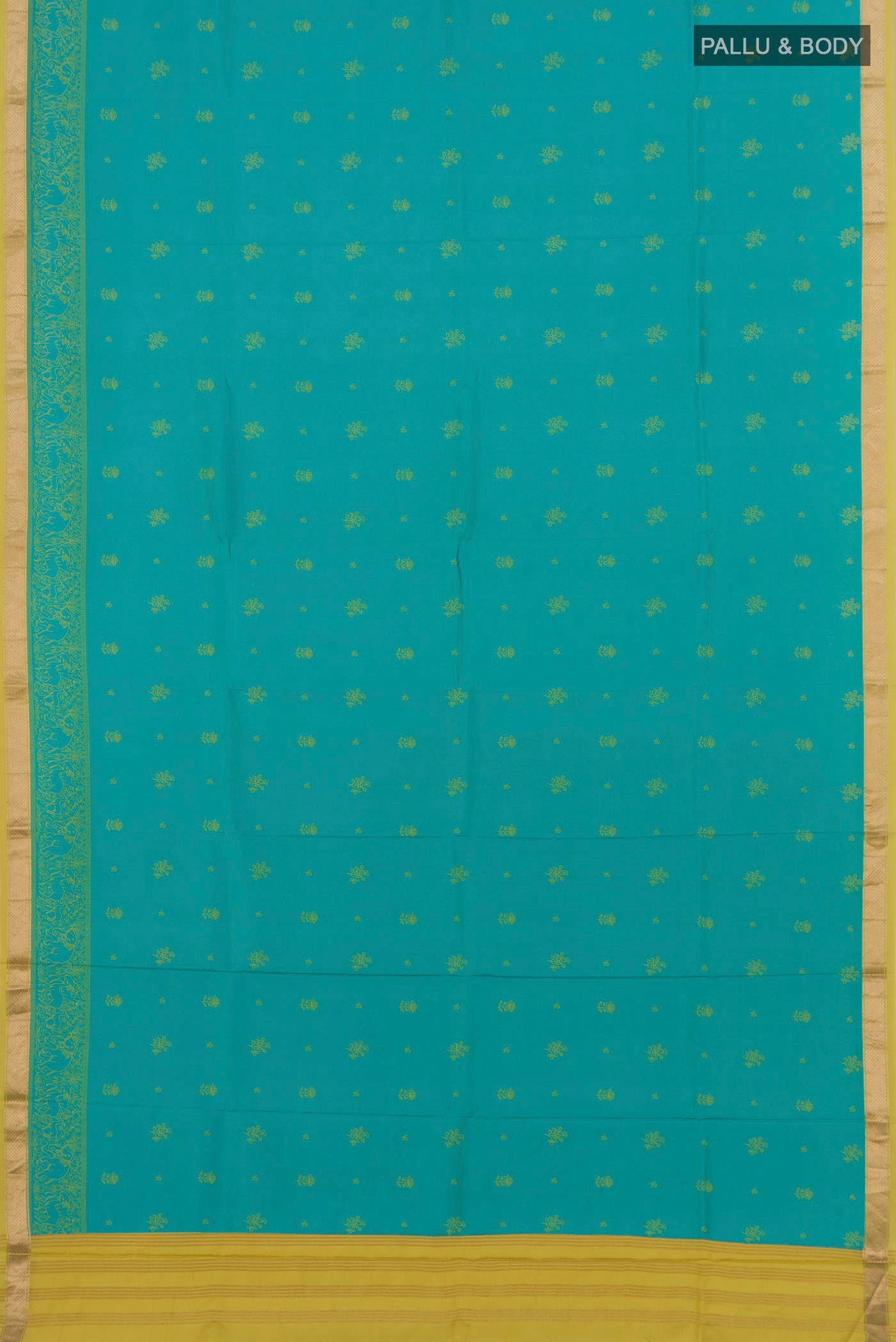 Flat view of Blue Printed Silk Saree with Printed design on the body and Zari Border. 