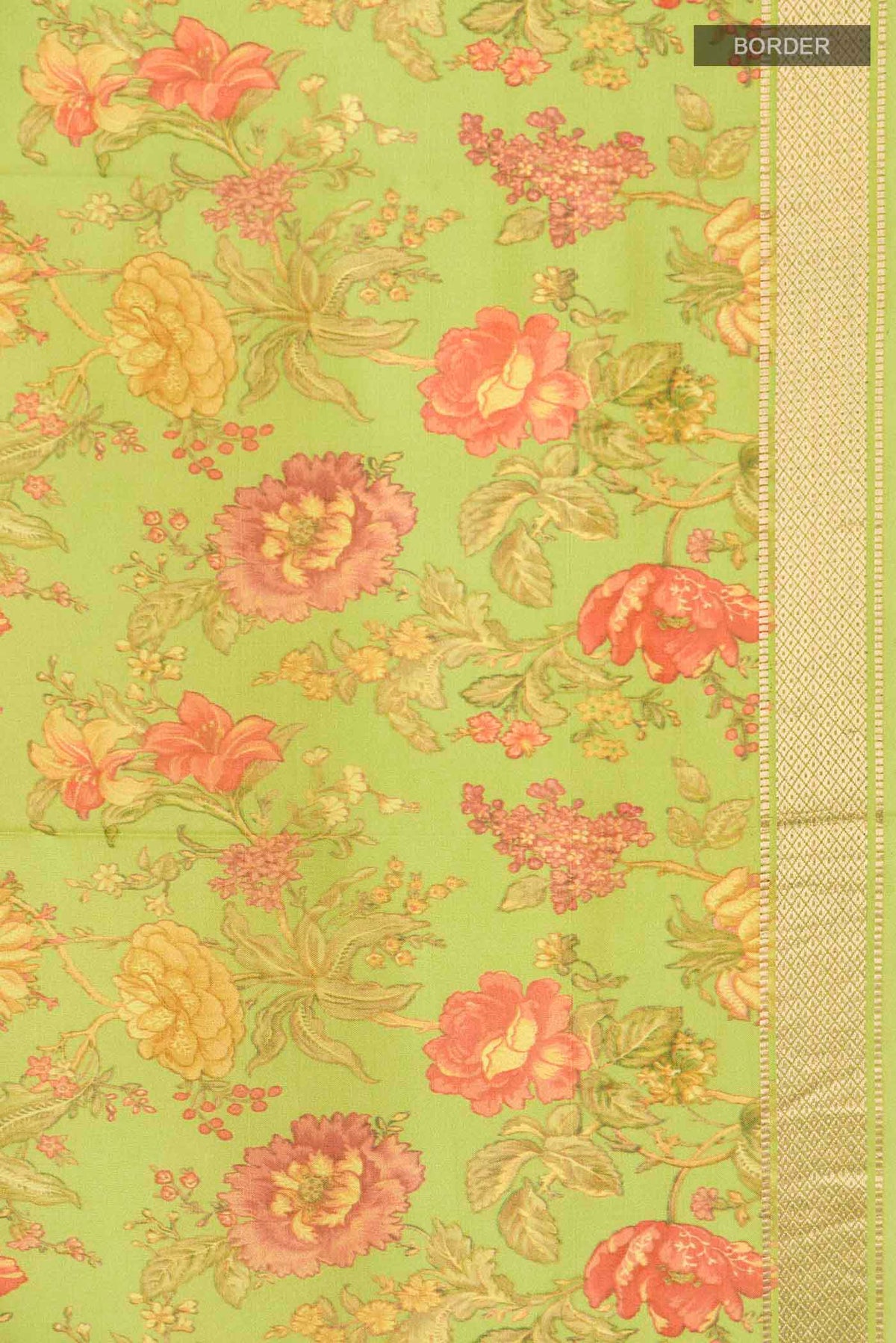 Border image of Green Printed Silk Saree with Floral Print on the body and Zari Border