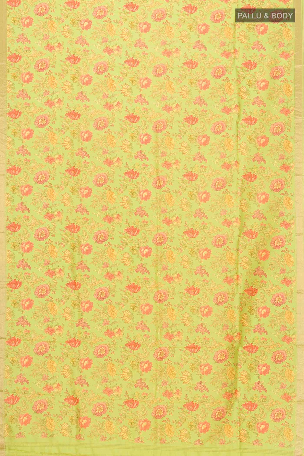 Flat view of Green Printed Silk Saree with Floral Print on the body and Zari Border
