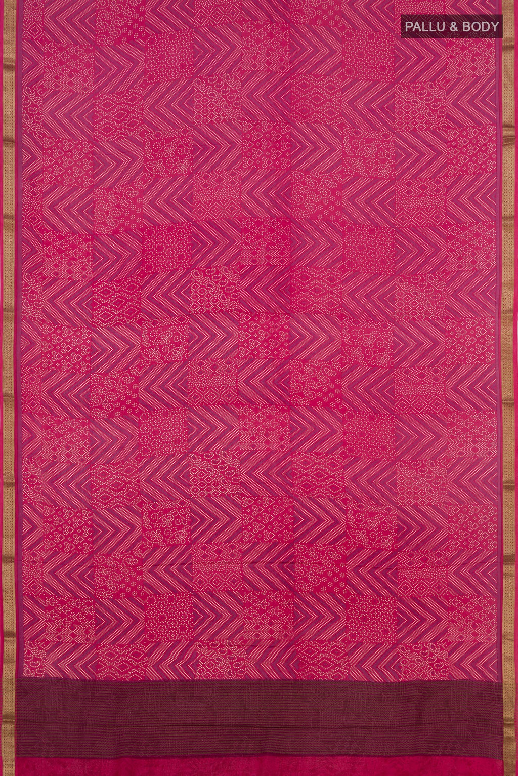 Flat view of Pink Crepe Saree with Printed design on the body and Zari Border. 