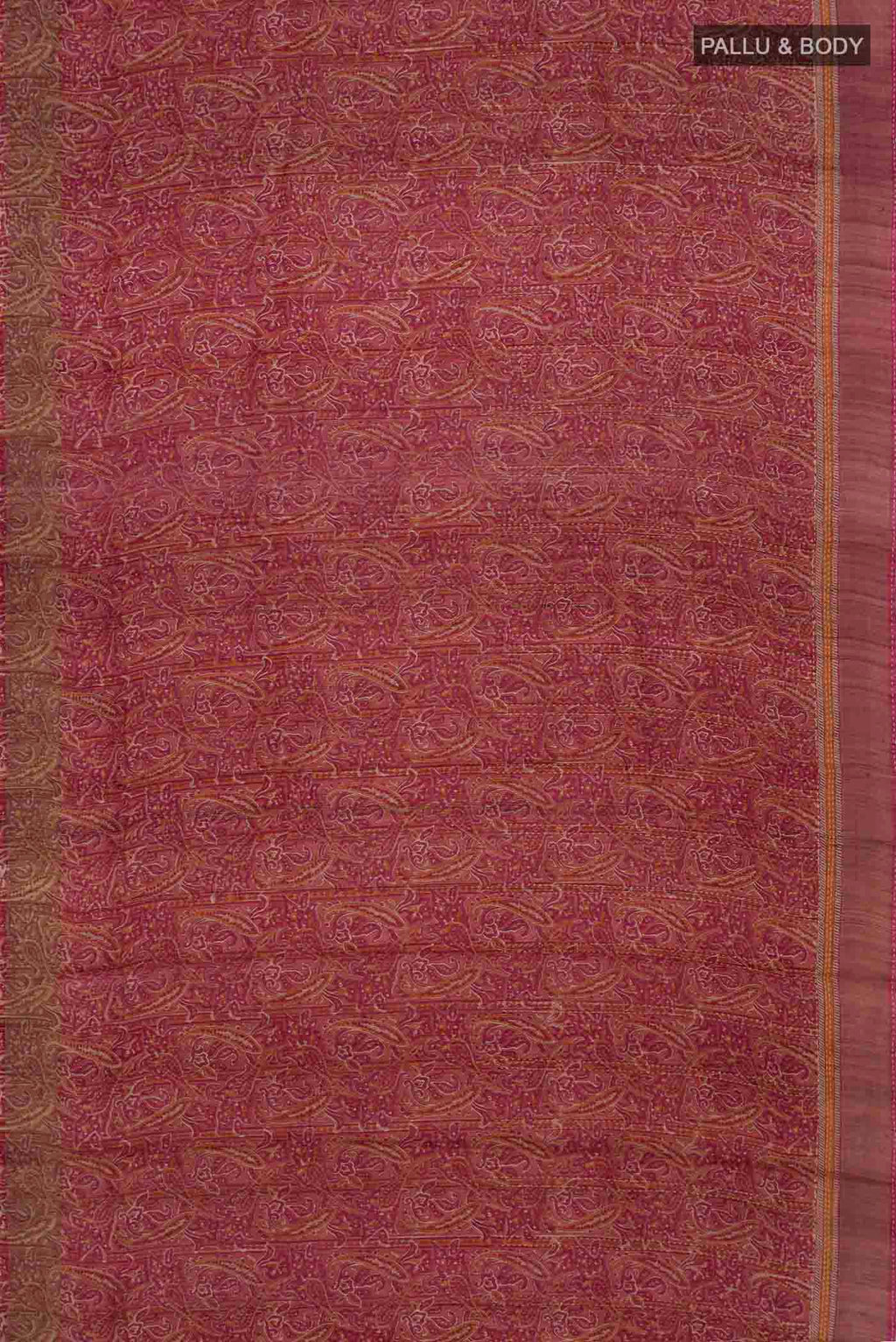Flat view of Mauve Tussar Silk Saree with Printed design on the body and Zari Border