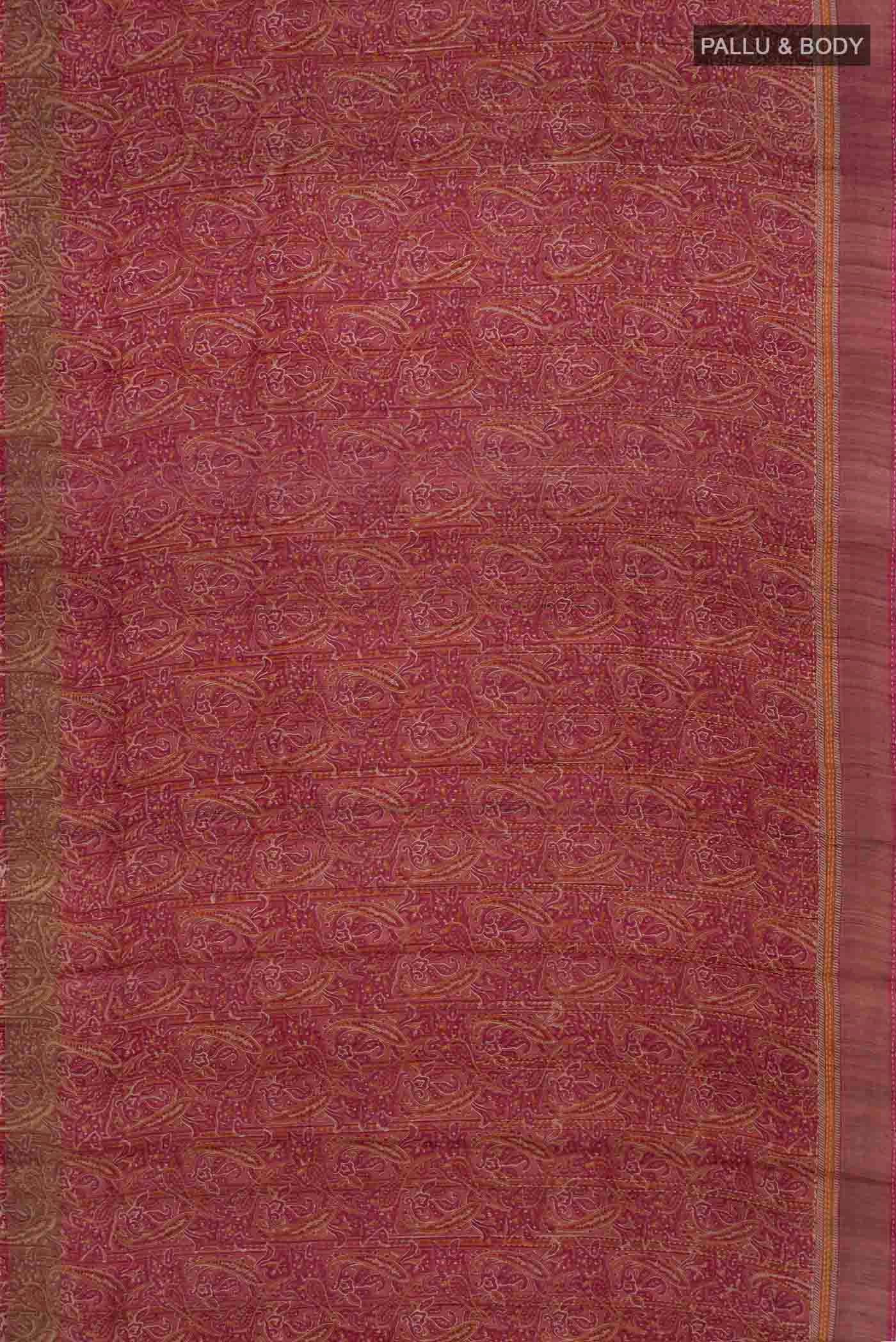 Flat view of Mauve Tussar Silk Saree with Printed design on the body and Zari Border
