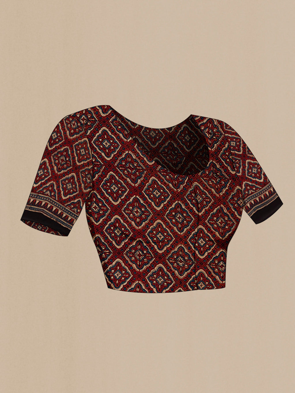 Close up image of the blouse of Maroon Blended Satin Silk Saree with Ajrakh Print on the body and Printed Border. 