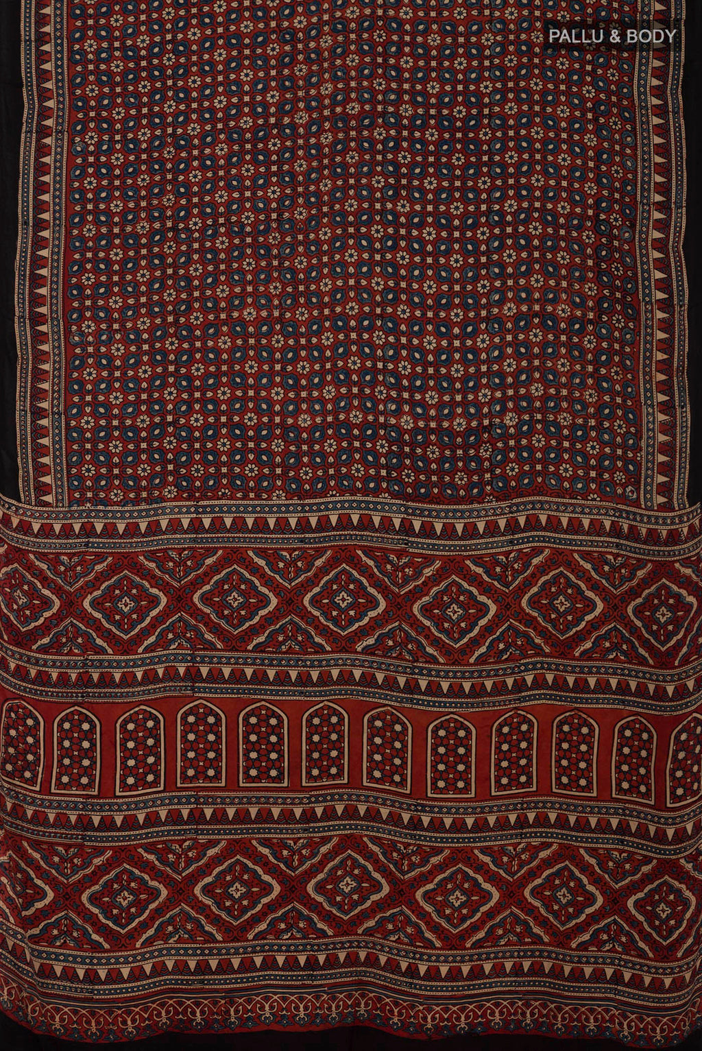 Flat view of Maroon Blended Satin Silk Saree with Ajrakh Print on the body and Printed Border. 