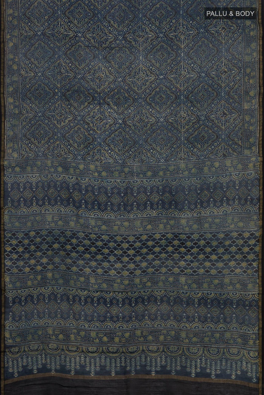 Flat view of Indigo Chanderi Silk Cotton Saree with Printed design on the body and Thin Zari Line. 