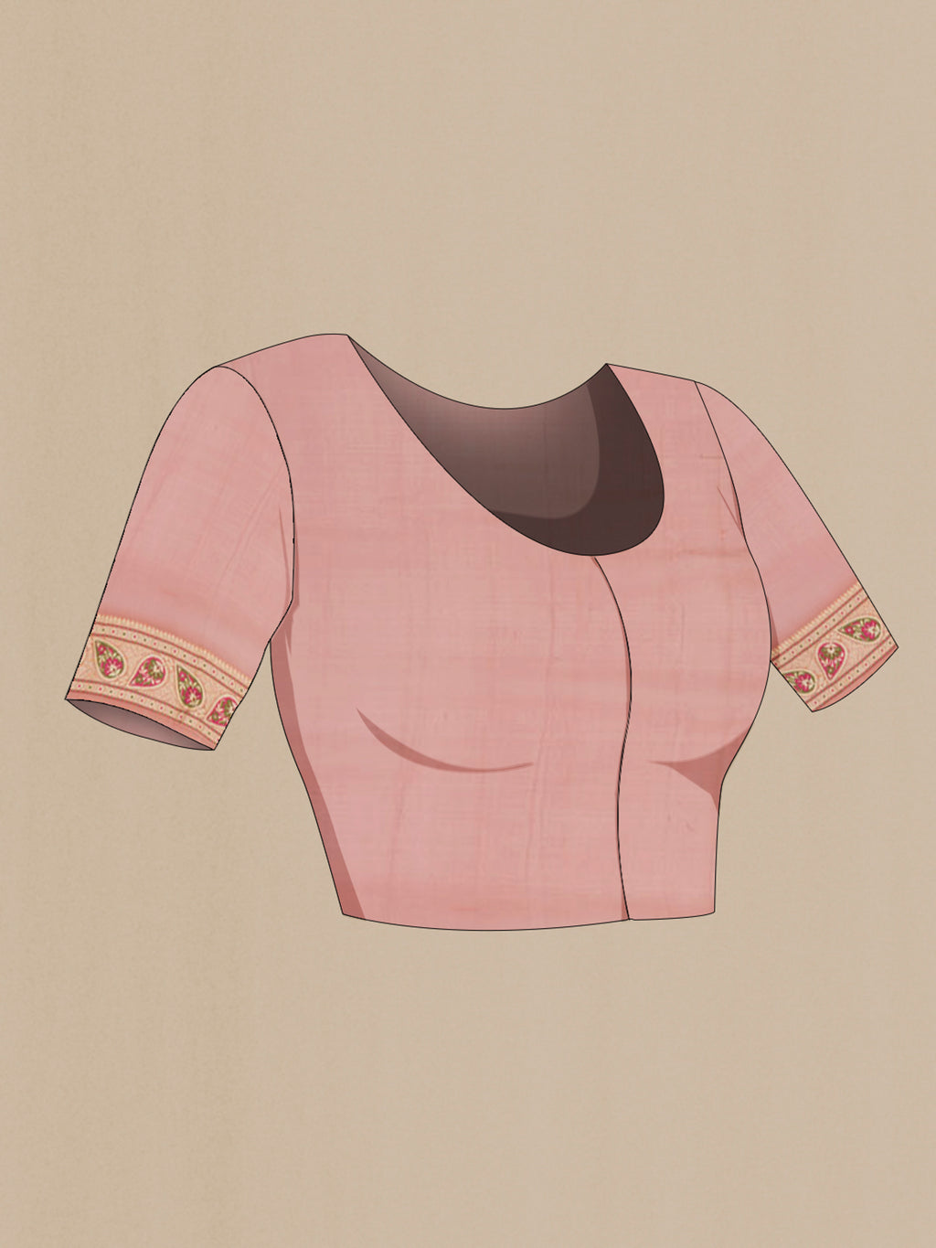 Close up image of the blouse of Peach Banarasi Georgette Saree with Fancy on the body and Thread Border. 