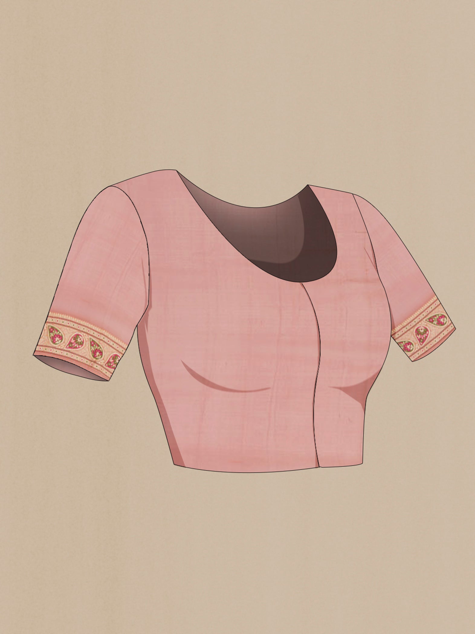 Close up image of the blouse of Peach Banarasi Georgette Saree with Fancy on the body and Thread Border. 