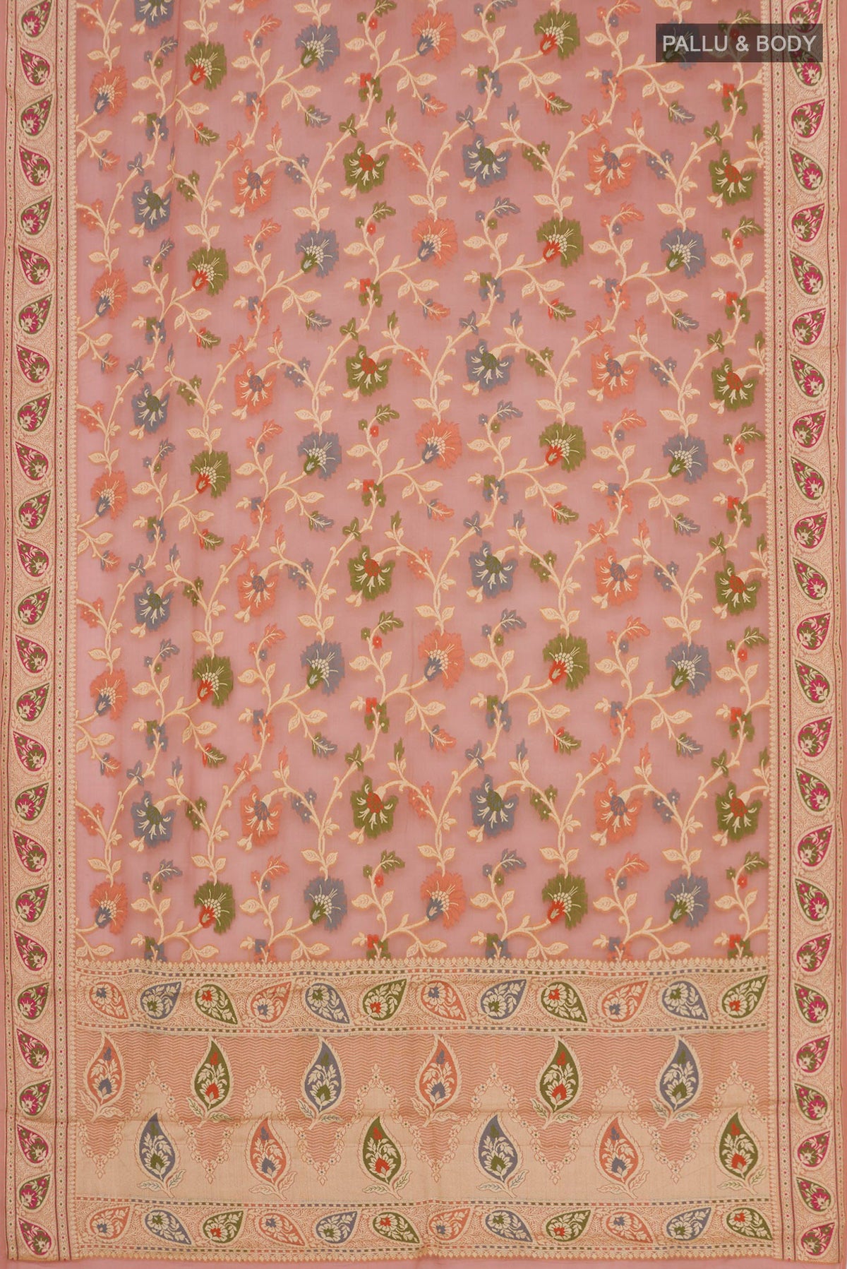Flat view of Peach Banarasi Georgette Saree with Fancy on the body and Thread Border. 