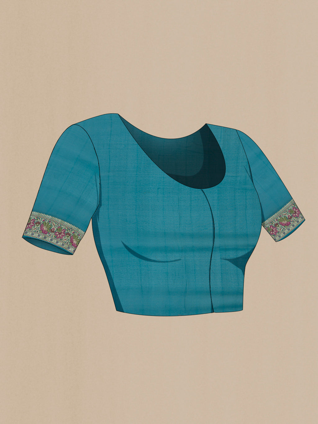Close up image of the blouse of Teal Banarasi Georgette Saree with Thread Butta on the body and Zari Border. 
