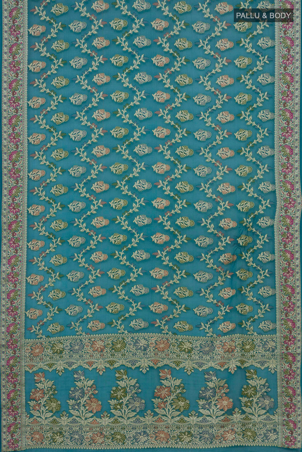Flat view of Teal Banarasi Georgette Saree with Thread Butta on the body and Zari Border. 