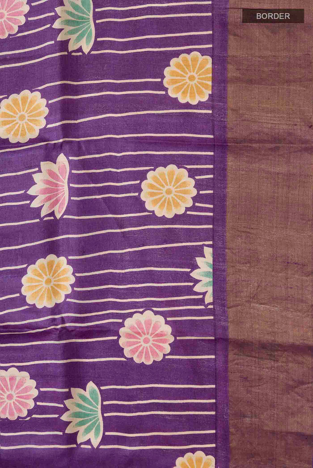 Border image of Violet Tussar Silk Saree with Printed design on the body and Zari Border