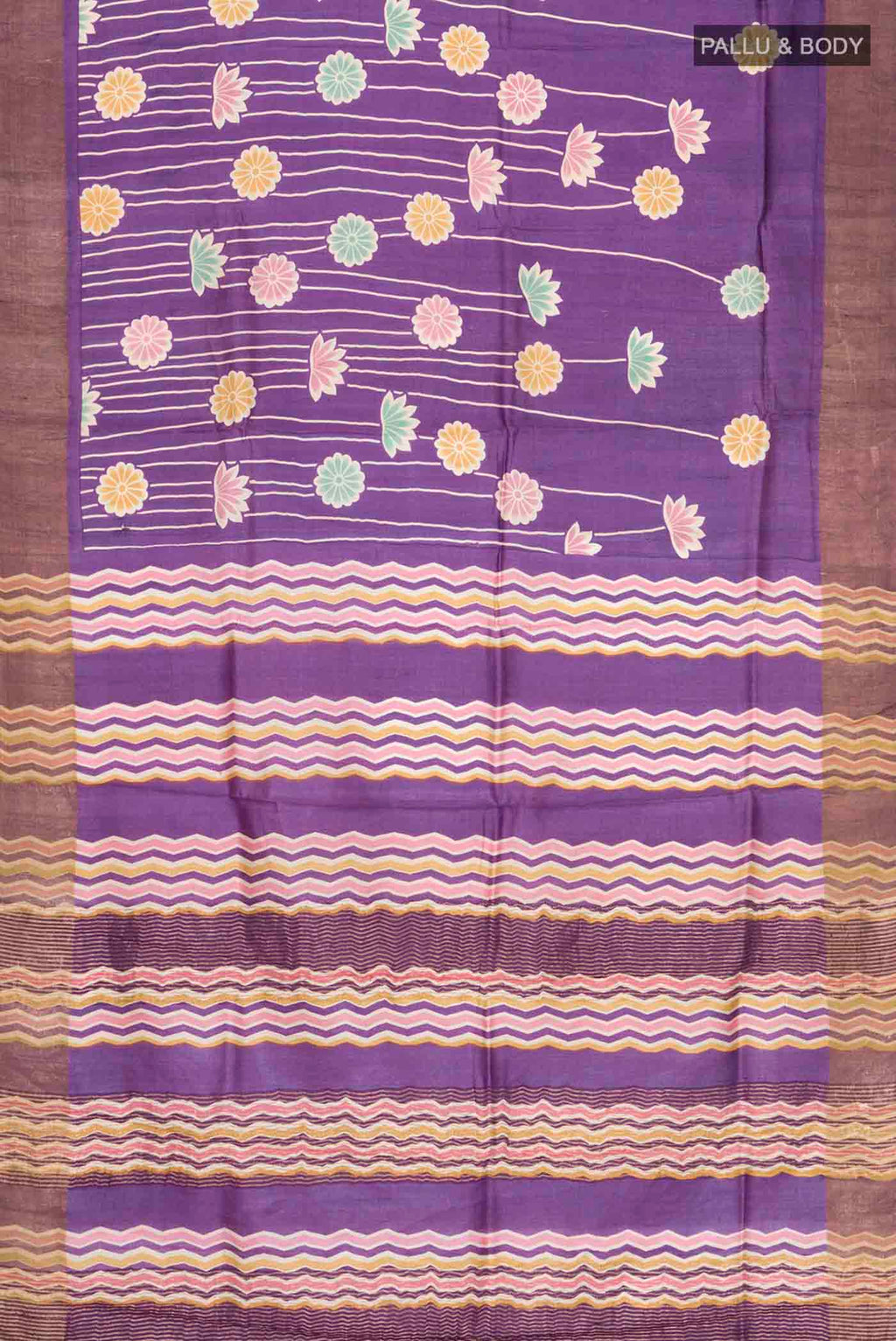 Flat view of Violet Tussar Silk Saree with Printed design on the body and Zari Border