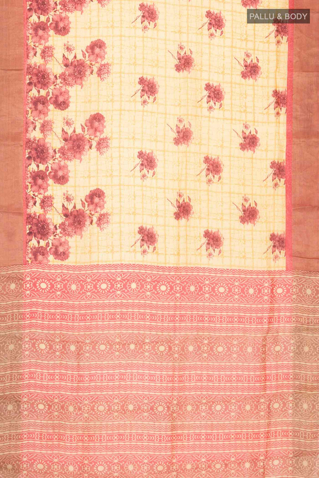 Flat view of Mustard Tussar Silk Saree with Printed design on the body and Zari Border