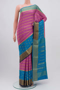 Lavender Mysore Crepe Saree with Stripes on the body and Zari Border displayed on a mannequin