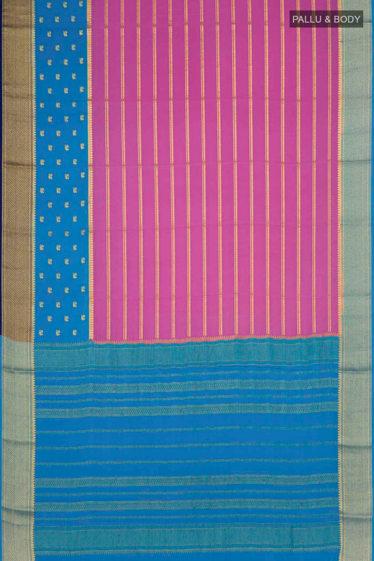 Flat view of Lavender Mysore Crepe Saree with Stripes on the body and Zari Border