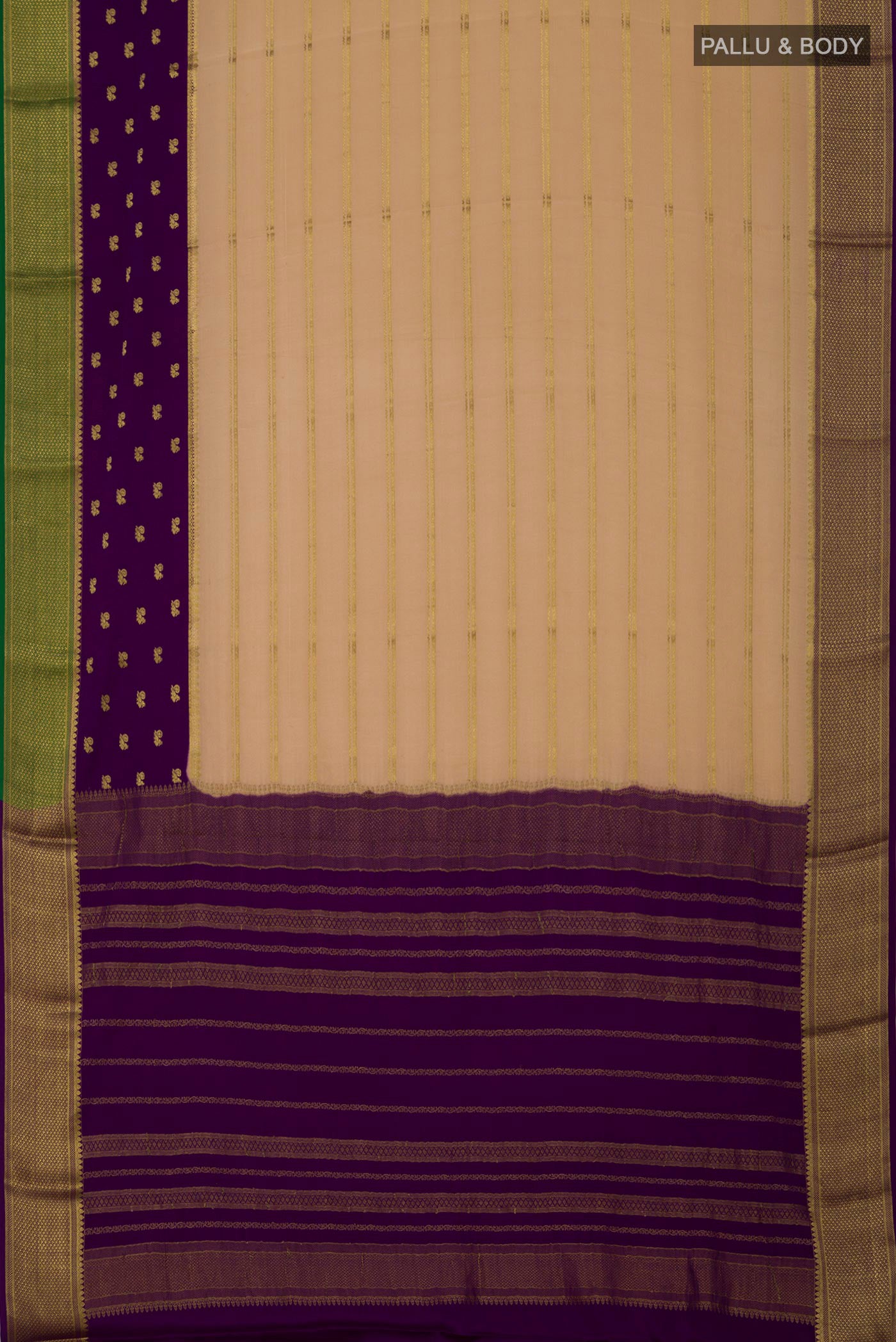 Flat view of Cream Crepe Saree with Stripes on the body and Zari Border. 