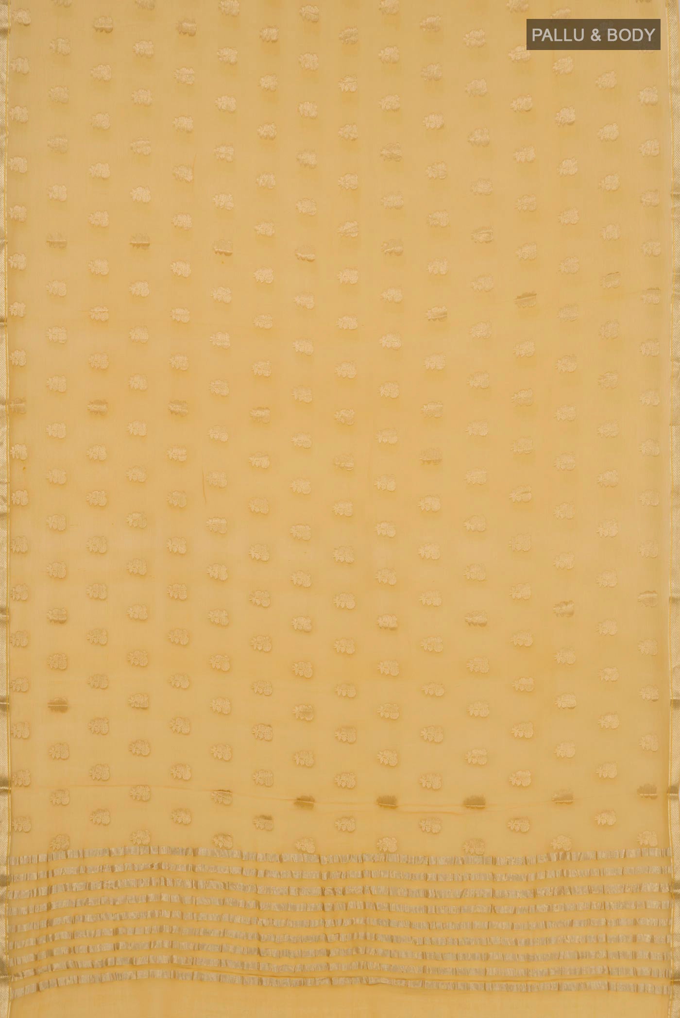 Flat view of Yellow Chiffon Saree with Zari Butta on the body and Zari Border. 