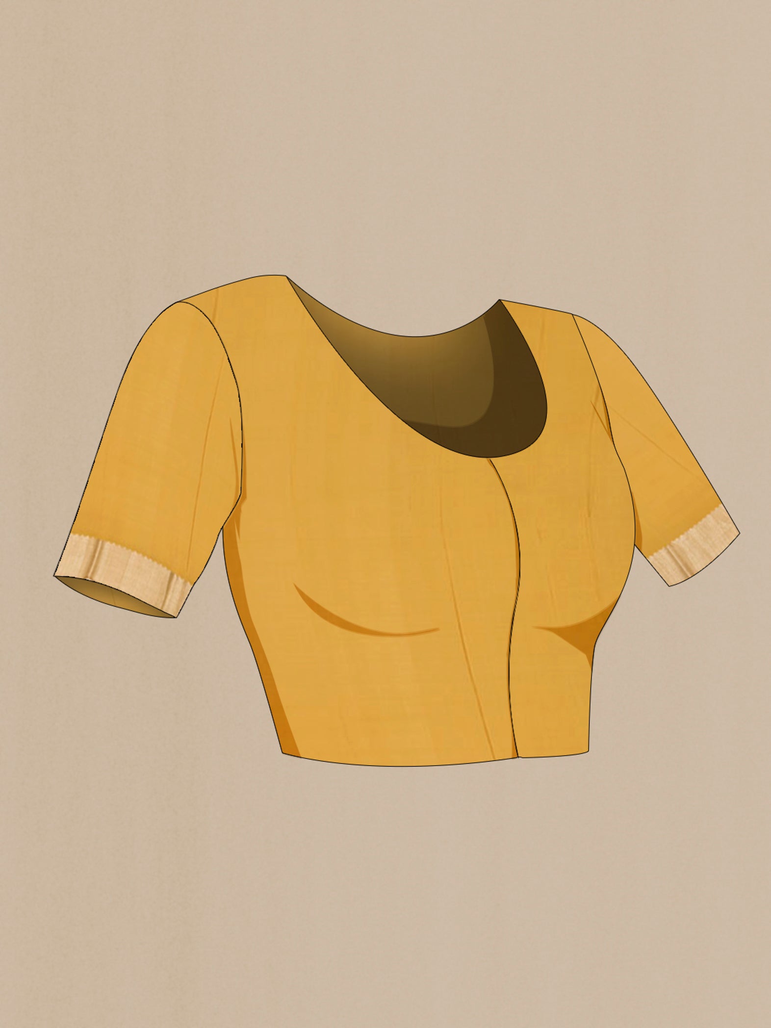 Close up image of the blouse of Yellow Mysore Silk Saree with Zari Brocade on the body and Zari Border. 