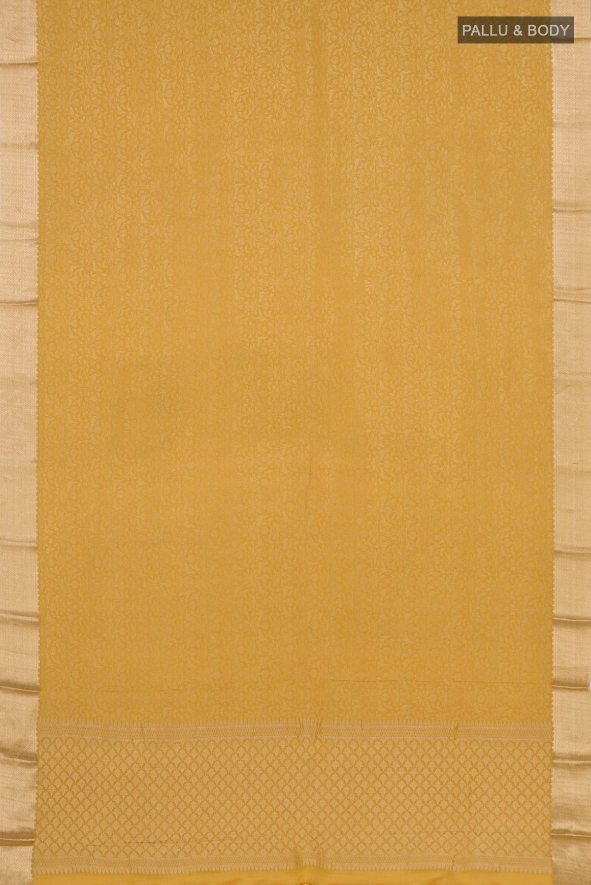 Flat view of Yellow Mysore Silk Saree with Zari Brocade on the body and Zari Border. 