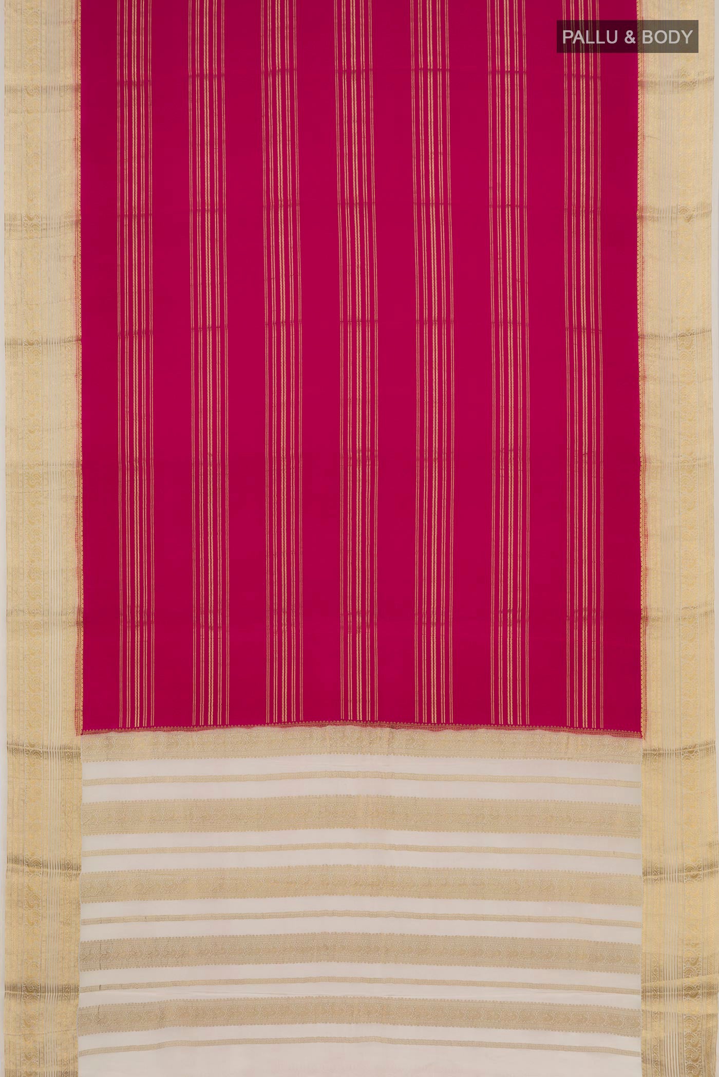 Flat view of Magenta Mysore Silk Saree with Stripes on the body and Zari Border. 