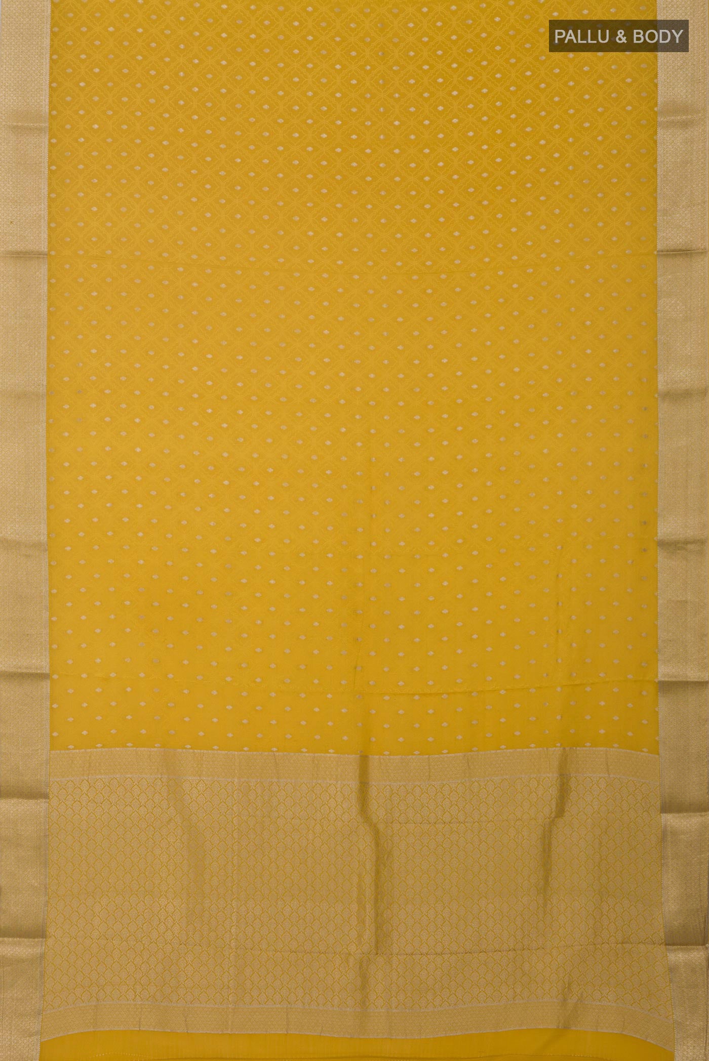 Flat view of Yellow Mysore Crepe Saree with Jacquard With Zari Butta on the body and Zari Border. 