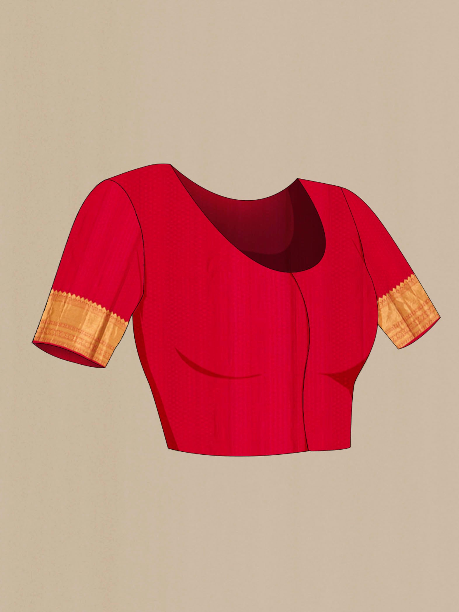 Close up image of the blouse of Red Kanjivaram Silk Saree with Zari Brocade on the body and Zari Border. 