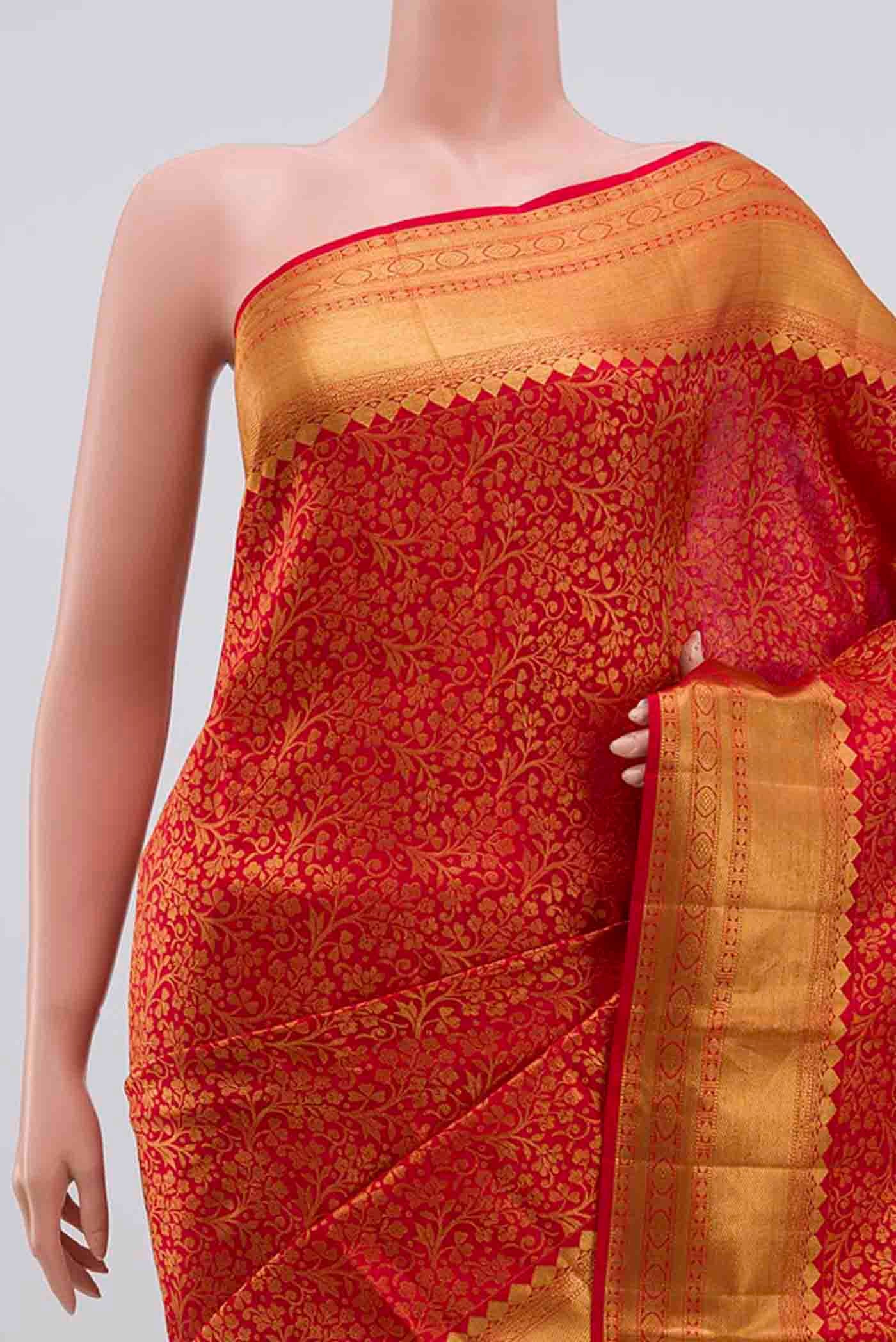 Border image of Red Kanjivaram Silk Saree with Zari Brocade on the body and Zari Border. 
