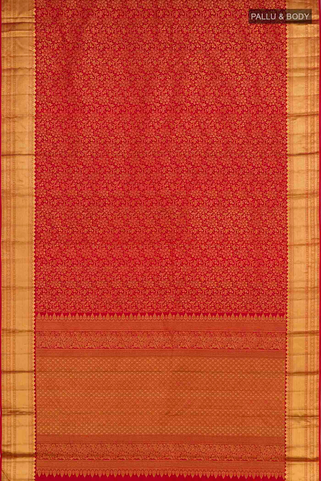 Flat view of Red Kanjivaram Silk Saree with Zari Brocade on the body and Zari Border. 