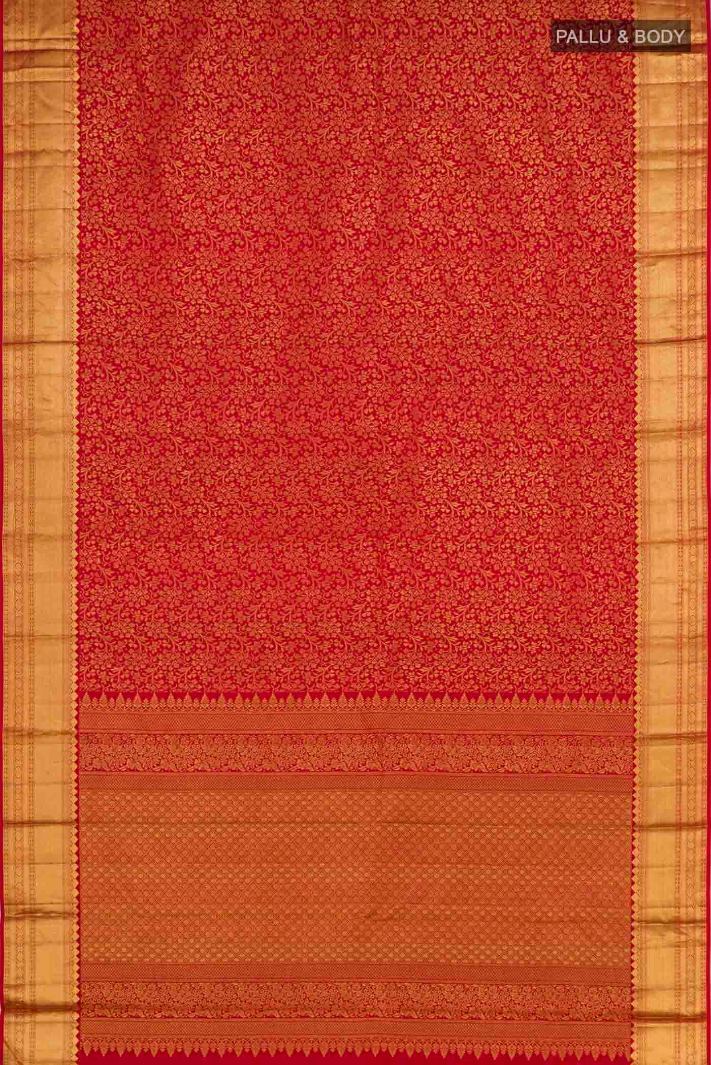 Flat view of Red Kanjivaram Silk Saree with Zari Brocade on the body and Zari Border. 