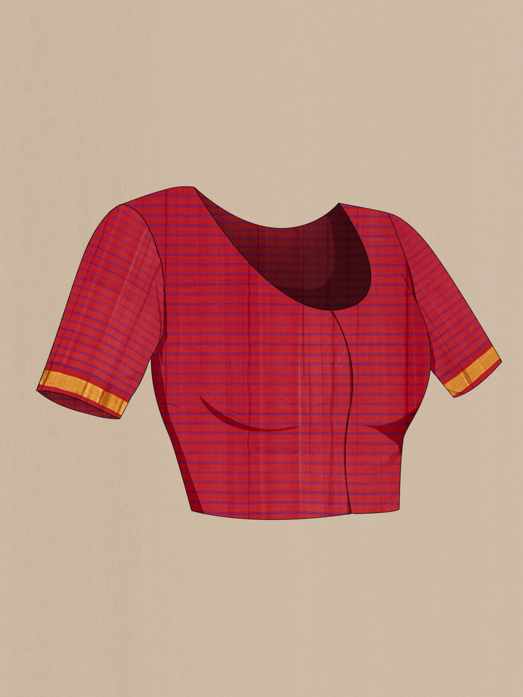 Close up image of the blouse of Pure Silk Orange Kanchipuram Saree with Stripes on the body and Zari Border. 