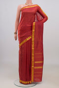 Pure Silk Orange Kanchipuram Saree with Stripes on the body and Zari Border.  displayed on a mannequin