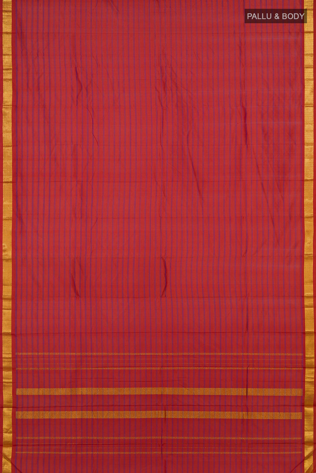 Flat view of Pure Silk Orange Kanchipuram Saree with Stripes on the body and Zari Border. 