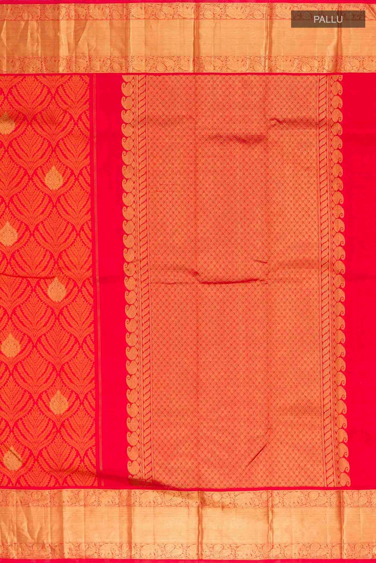 Close up image of the pallu of Red Kanchipuram Silk Saree with Jacquard With Zari Butta on the body and Zari Border