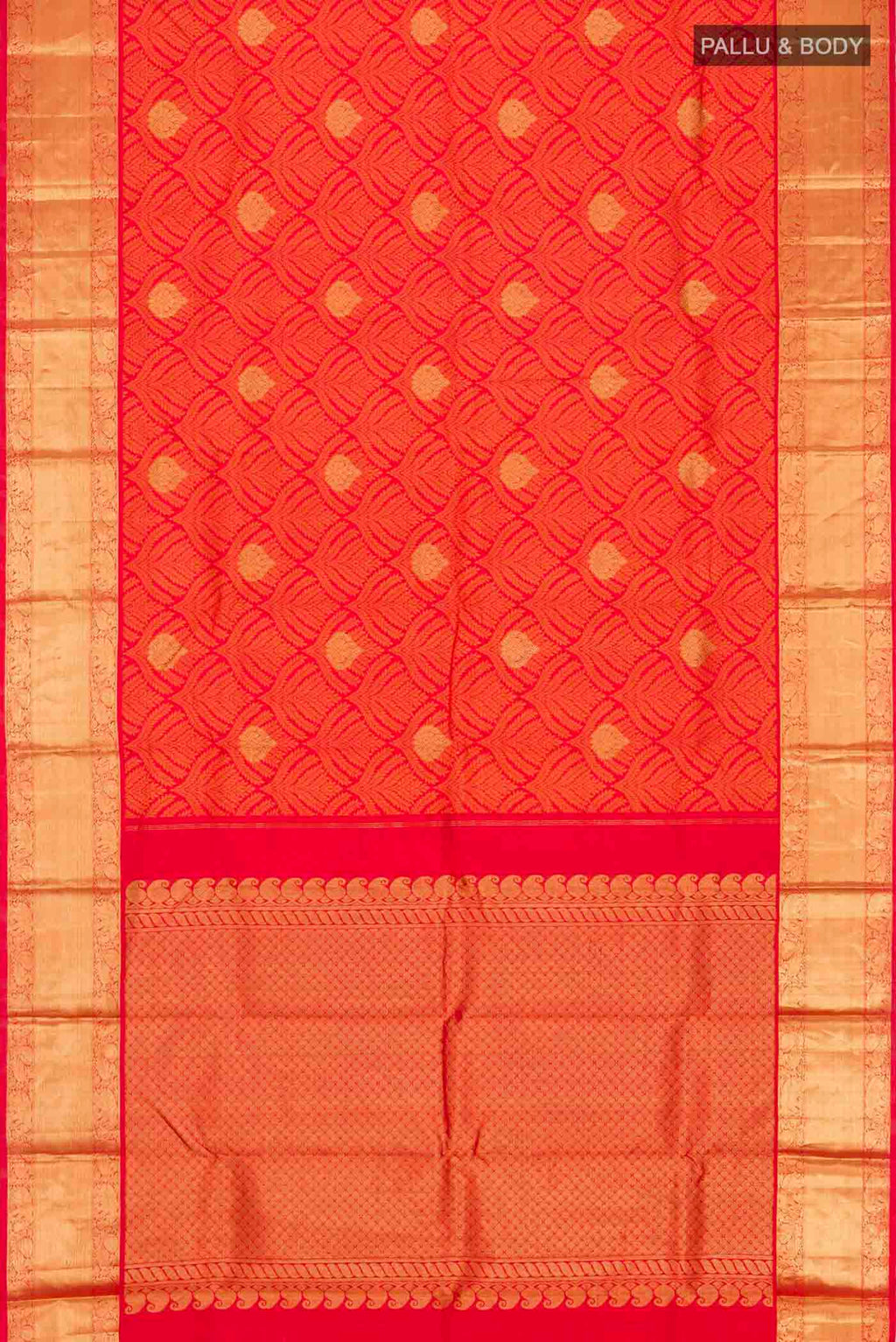 Flat view of Red Kanchipuram Silk Saree with Jacquard With Zari Butta on the body and Zari Border