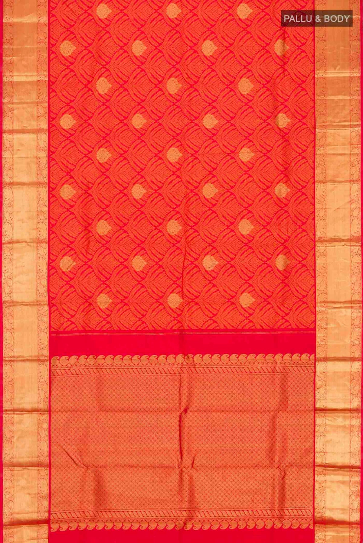 Flat view of Red Kanchipuram Silk Saree with Jacquard With Zari Butta on the body and Zari Border