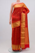 Pure Silk Pure Zari Red Kanchipuram Saree with Jacquard With Zari Butta on the body and Zari Border.  displayed on a mannequin