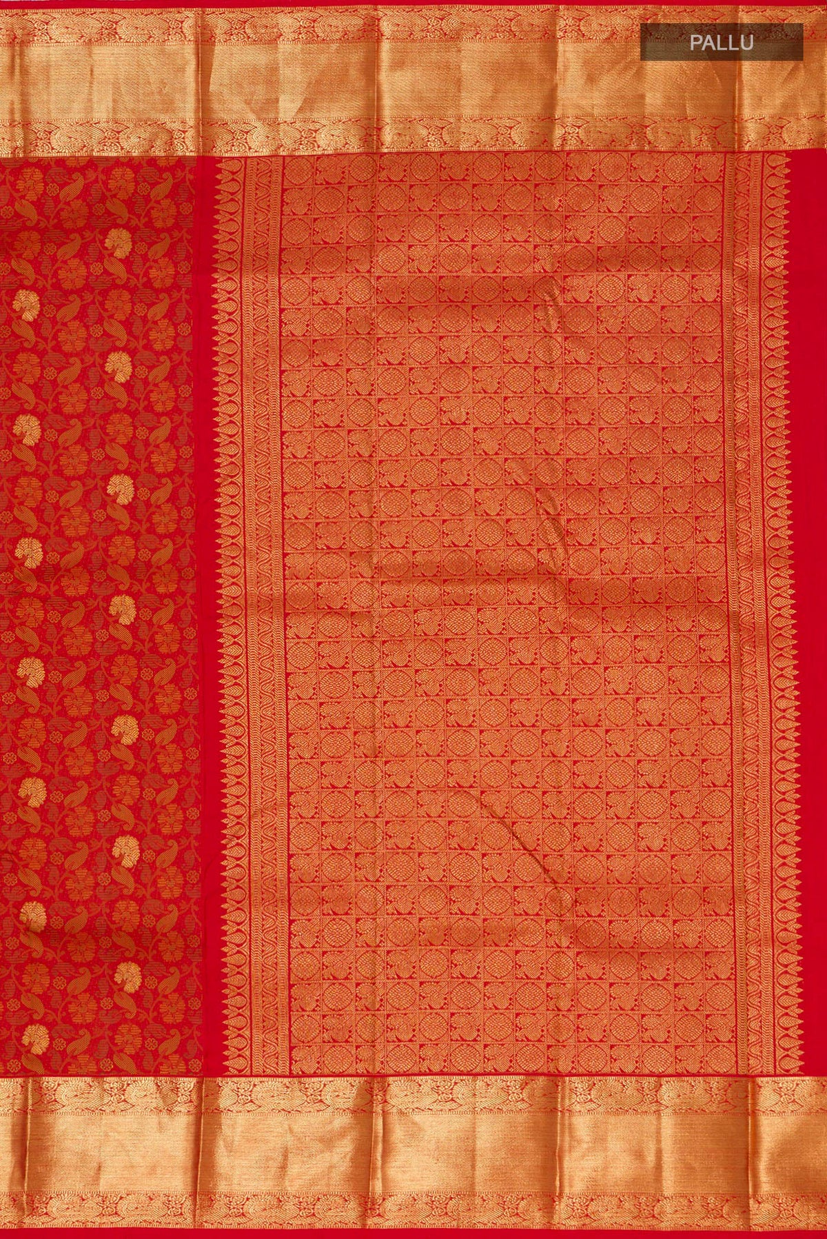 Close up image of the pallu of Pure Silk Pure Zari Red Kanchipuram Saree with Jacquard With Zari Butta on the body and Zari Border. 