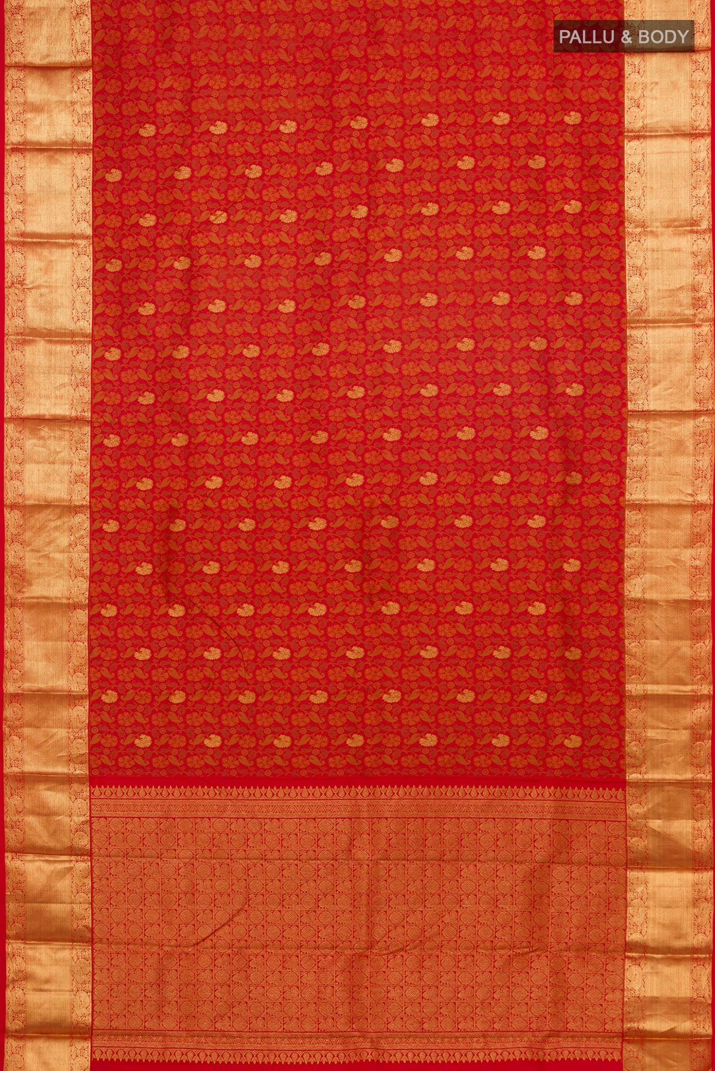 Flat view of Pure Silk Pure Zari Red Kanchipuram Saree with Jacquard With Zari Butta on the body and Zari Border. 