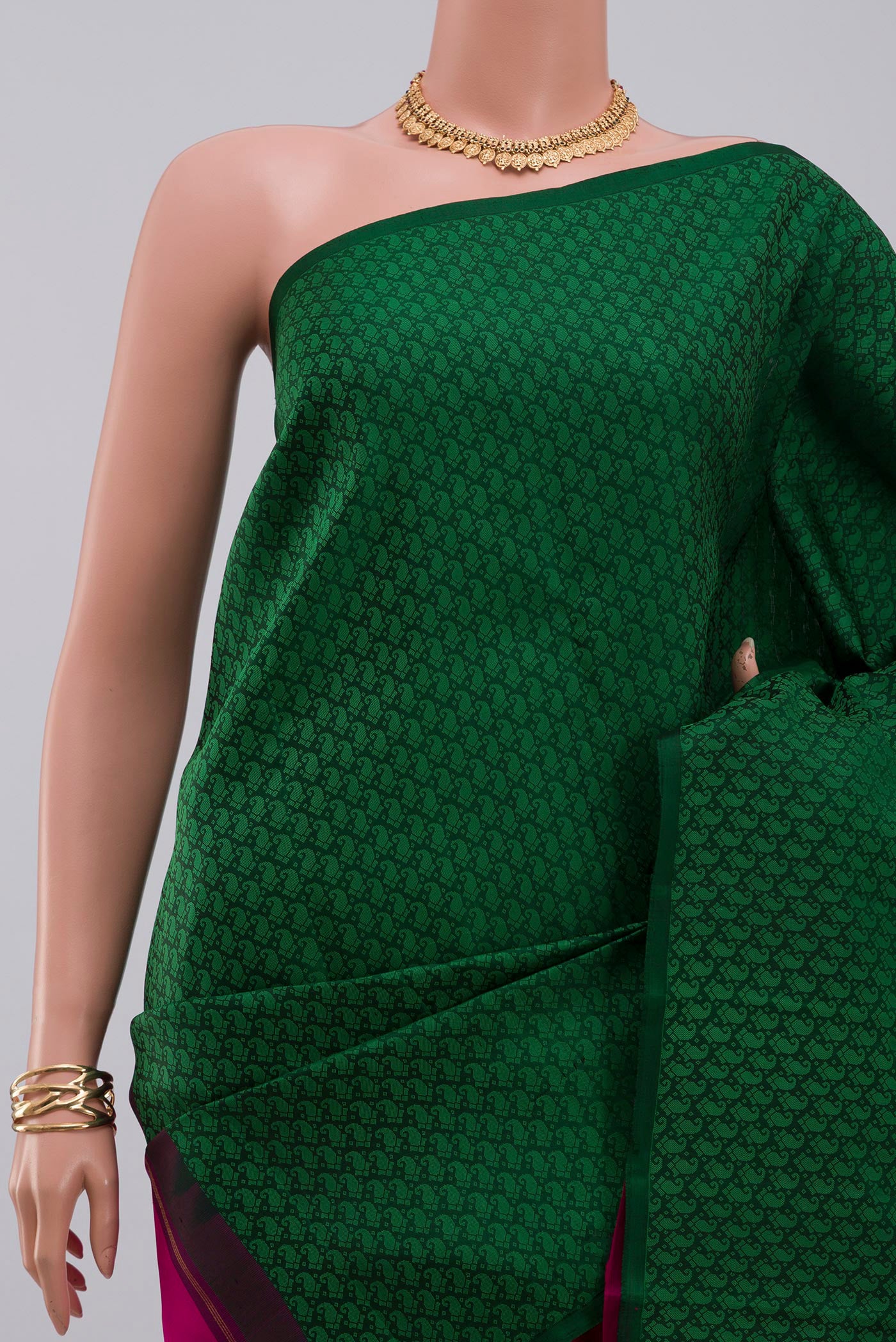 Border image of Green Kanchipuram Saree with Partli on the body and Without Border. 